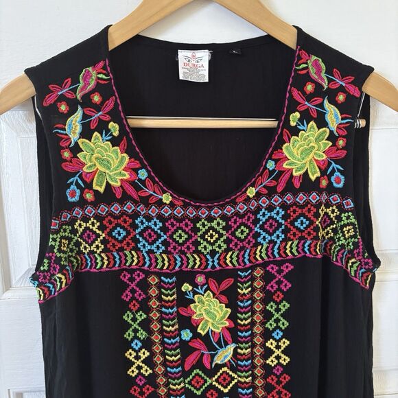 Embroidered Mexican Women Midi Dress Colorful Sleeveless Black L Bohemian Floral - Picture 3 of 10